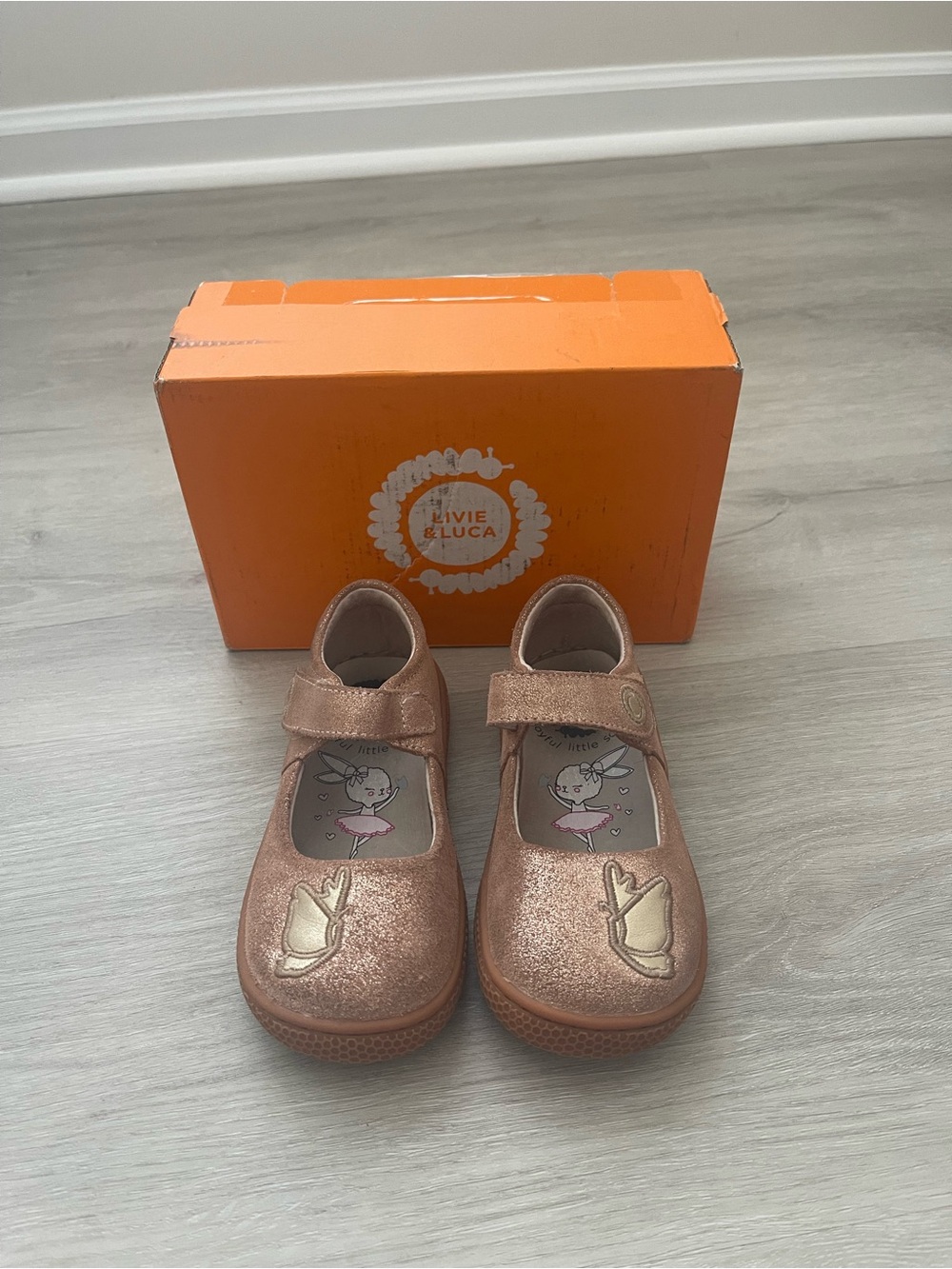 Livie & Luca Rose Gold Glitter Mary Jane with Gold Ballet Detail